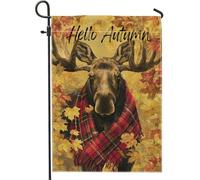 Bandiera autunnale da giardino con alci, decorazione autunnale stagionale con sciarpa scozzese rossa, striscione per la casa su entrambi i lati per la decorazione esterna del cortile 30,5 x 45,7 cm