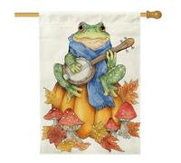 Bandiera autunnale da giardino con anfibi che giocano a banjo, foglie di zucca colorate e funghi, decorazione per esterni, striscione in iuta su entrambi i lati per la decorazione della casa autunnale