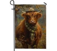 Bandiera autunnale da giardino con animali della fattoria, mucca delle Highland marrone con cappello e sciarpa, decorazione per esterni, striscione in tela su entrambi i lati, per celebrazioni