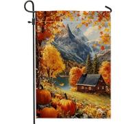 Bandiera autunnale da giardino con cabina di montagna, foglie autunnali arancioni e zucca, decorazione per la casa, doppio lato, decorazione per prato esterno per il Ringraziamento, 30,5 x 45,7 cm