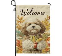 Bandiera autunnale da giardino con cane di benvenuto, grazioso cucciolo marrone che cade con foglie cadenti, striscione decorativo per la casa, bandiera in tessuto su entrambi i lati, decorazione per