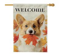 Bandiera autunnale da giardino con cane di benvenuto, simpatico corgi con foglie d'acero, decorazione per esterni, striscione per prato in iuta su entrambi i lati, per decorazione autunnale, 71 x 101