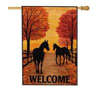 Bandiera autunnale da giardino con cavalli al tramonto, striscione decorativo autunnale in iuta su entrambi i lati, cartello di benvenuto per esterni, decorazione per casa, prato, 71 x 101 cm
