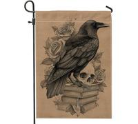 Bandiera autunnale da giardino con corvo, teschio di corvo nero e rose, decorazione per la casa, in iuta su entrambi i lati, decorazione per prato all'aperto per feste di Halloween, 30,5 x 45,7 cm