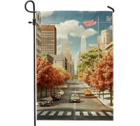 Bandiera autunnale da giardino, con foglie autunnali arancioni, scena urbana, decorazione per esterni, striscione in iuta su entrambi i lati per la decorazione del prato domestico 30,5 x 45,7 cm