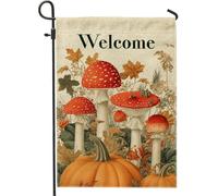 Bandiera autunnale da giardino con funghi, decorazione autunnale con funghi velenosi, bandiera su entrambi i lati in iuta per esterni, decorazione per prato di benvenuto per la stagione del raccolto