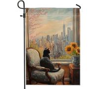 Bandiera autunnale da giardino con gatto, accogliente decorazione per la casa all'aperto con vista sulla città e girasoli, bandiera da cortile in iuta su entrambi i lati, per decorazione autunnale