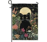 Bandiera autunnale da giardino con gatto al chiaro di luna, decorazione per la casa floreale nera per esterni, bandiera decorativa da cortile su un solo lato, decorazione stagionale per prato 30,5 x