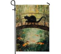 Bandiera autunnale da giardino con gatto, artistica con ponte felino nero, decorazione per laghetto, bandiera su entrambi i lati, per la decorazione autunnale per esterni, 30,5 x 45,7 cm