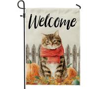 Bandiera autunnale da giardino con gatto di benvenuto, grazioso gattino soriano con sciarpa rossa, decorazione per prato, striscione autunnale su entrambi i lati, per la decorazione della casa esterna