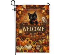 Bandiera autunnale da giardino con gatto e gufo, 30 x 45 cm | Lanterna rustica, bandiera del cortile, zucche del raccolto, gufo del bosco, foglie autunnali, calda atmosfera accogliente