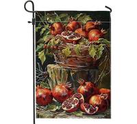 Bandiera autunnale da giardino con melograno, cesto di frutta rossa, striscione decorativo per la casa, bandiera in iuta su entrambi i lati, decorazione stagionale per esterni, 30,5 x 45,7 cm
