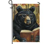 Bandiera autunnale da giardino con orso nero, accogliente orsetto che legge la casa, bandiera da giardino in iuta su entrambi i lati, decorazione autunnale per esterni, 30,5 x 45,7 cm