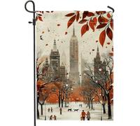 Bandiera autunnale da giardino con paesaggio urbano, foglie arancioni skyline decorazione per la casa, bandiera su entrambi i lati in iuta per cortile, decorazione stagionale per esterni, 30,5 x 45,7