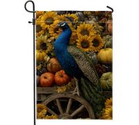 Bandiera autunnale da giardino con pavone, bandiera autunnale decorativa blu e verde con girasoli e zucche, bandiera da cortile in lino su entrambi i lati, per decorazione domestica esterna, 30,5 x