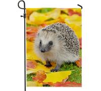 Bandiera autunnale da giardino con riccio, foglie gialle con simpatici animali, decorazione per esterni, striscione in iuta su entrambi i lati, per decorazione autunnale del prato, 30,5 x 45,7 cm