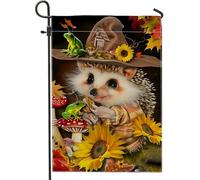 Bandiera autunnale da giardino con riccio, marrone con simpatico animale girasole decorazione per la casa, bandiera da cortile in iuta su entrambi i lati, decorazione autunnale per esterni, 30,5 x