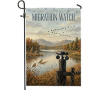 Bandiera autunnale da giardino con uccelli e panorama naturalistico, 30,5 x | tema birdwatching, bandiera del cortile, paesaggio del lago, fogliame autunnale, illustrazione binoculare