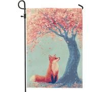 Bandiera autunnale da giardino con volpe arancione sotto l'albero di ciliegie in fiore, striscione decorativo per la casa, in iuta su entrambi i lati, bandiera da cortile per esterni, decorazione