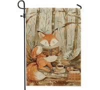 Bandiera autunnale da giardino con volpe che legge e accogliente, paesaggio con animali del bosco, bandiera su entrambi i lati, per decorazione esterna del prato, 30,5 x 45,7 cm