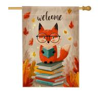 Bandiera autunnale da giardino con volpe di benvenuto, bandiera arancione con volpe che legge la casa, bandiera su entrambi i lati in iuta per cortile, decorazione stagionale per esterni, 71 x 101 cm