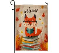 Bandiera autunnale da giardino con volpe di benvenuto, bandiera arancione con volpe che legge la casa, bandiera su entrambi i lati in iuta per cortile, decorazione stagionale per esterni, 30,5 x 45,7