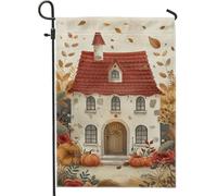Bandiera autunnale da giardino, cottage beige con zucche e foglie, decorazione per esterni, bandiera in iuta su entrambi i lati, decorazione per la casa autunnale, 30,5 x 45,7 cm