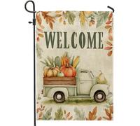 Bandiera autunnale da giardino di benvenuto, camion verde vintage con verdure da raccolto, decorazione per la casa, striscione da cortile, decorazione per prato all'aperto in iuta su entrambi i lati