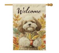 Bandiera autunnale da giardino di benvenuto con cane, grazioso cucciolo marrone che cade con foglie cadenti, striscione decorativo per la casa, bandiera in tessuto su entrambi i lati, decorazione per