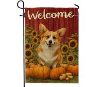 Bandiera autunnale da giardino di benvenuto Corgi, arancione zucche girasoli decorazione per la casa, bandiera a doppio lato in iuta da cortile decorazione per prato esterno 30,5 x 45,7 cm
