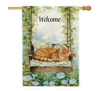 Bandiera autunnale da giardino di benvenuto, decorazione per esterni con gatto arancione che dorme, striscione in iuta su entrambi i lati per la decorazione della casa autunnale 71 x 101