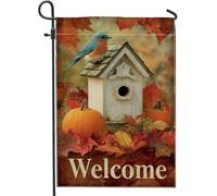 Bandiera autunnale da giardino di benvenuto, decorazione per la casa degli uccelli Bluebird, arte per esterni, decorazione da giardino su entrambi i lati, decorazione per la casa del Ringraziamento