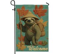 Bandiera autunnale da giardino di benvenuto, grazioso bradipo con foglie d'acero, decorazione per esterni, striscione in iuta su entrambi i lati, per autunno stagionale, decorazione per prato 30,5 x