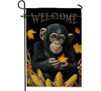 Bandiera autunnale da giardino di benvenuto, grazioso scimpanzé che tiene foglie per esterni, decorazione per prato, striscione su entrambi i lati, per decorazione autunnale, 30,5 x 45,7 cm