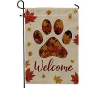 Bandiera autunnale da giardino di benvenuto, stampa di zampa beige con foglie d'acero rosso, decorazione per esterni, bandiera da cortile in iuta su entrambi i lati, per la decorazione della casa
