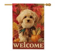 Bandiera autunnale da giardino di benvenuto, striscione decorativo per la casa con cucciolo carino, decorazione a foglia su entrambi i lati, decorazione per prato all'aperto, festival del raccolto