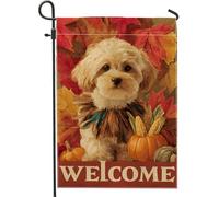 Bandiera autunnale da giardino di benvenuto, striscione decorativo per la casa con cucciolo carino, decorazione per prato all'aperto a foglia su entrambi i lati, cartello stagionale per festival del