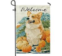 Bandiera autunnale da giardino di benvenuto, striscione floreale da cortile con cane Corgi, decorazione per la casa su entrambi i lati, decorazione per la casa per l'autunno, decorazione per prato