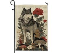 Bandiera autunnale da giardino floreale, con lupo grigio e fiore rosso, decorazione per esterni, bandiera su entrambi i lati in iuta, decorazione stagionale per prato, 30,5 x 45,7 cm