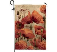 Bandiera autunnale da giardino floreale, fiori di papavero arancione, decorazione vintage per la casa e il giardino, bandiera da giardino in iuta su entrambi i lati, decorazione stagionale per esterni