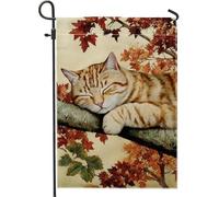 Bandiera autunnale da giardino, gatto soriano arancione che dorme sul ramo di un albero, decorazione per la casa e il giardino, bandiera da cortile in iuta su entrambi i lati, decorazione per prato