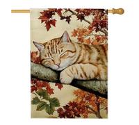 Bandiera autunnale da giardino, gatto soriano arancione che dorme sul ramo di un albero, decorazione per la casa e il giardino, bandiera da cortile in iuta su entrambi i lati, decorazione per prato