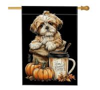 Bandiera autunnale da giardino per cani, con cucciolo nero carino con zucca e caffè Home Sweet Home, bandiera da cortile in iuta su entrambi i lati, decorazione per esterni 71 x 101 cm