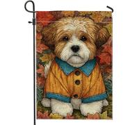 Bandiera autunnale da giardino per cani, cucciolo arancione con collare blu, decorazione per esterni, striscione in iuta su entrambi i lati per la decorazione della casa autunnale 30,5 x 45,7 cm