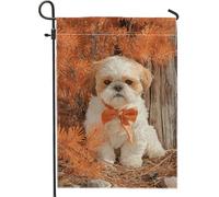 Bandiera autunnale da giardino per cani, simpatico cucciolo con papillon, decorazione per esterni, striscione in iuta su entrambi i lati per decorazione del prato 30,5 x 45,7 cm