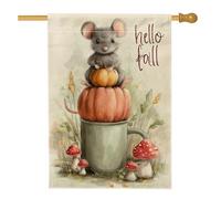 Bandiera autunnale da giardino, simpatica tazza grigia con topolino e zucca, decorazione stagionale per il raccolto, per la decorazione del prato all'aperto, 71 x 101 cm
