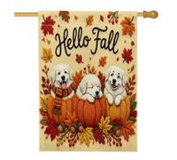 Bandiera autunnale dei Grandi Pirenei per la casa del cane, 71 x 101 cm, double-face, per decorazione esterna, autunnale, campagna, maglia, zucca, tela, casa, casa, fattoria, motivo esterno, cortile