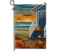 Bandiera autunnale per Halloween, casa sulla spiaggia, giardino, zucca arancione e pipistrello, decorazione per esterni, striscione in iuta su entrambi i lati per decorazione autunnale del prato 30,5
