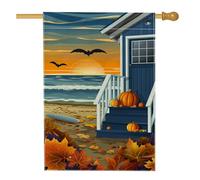 Bandiera autunnale per Halloween, casa sulla spiaggia, giardino, zucca, pipistrello, decorazione per esterni, striscione in iuta su entrambi i lati per decorazione autunnale per prato, 71 x 101 cm