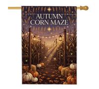 Bandiera autunnale per labirinto di mais, con zucche, 71 x 101 cm | mais, labirinto, illustrazione, prato, bandiera, incandescente, stringa, rustico, balle di fieno, tema raccolto, sera